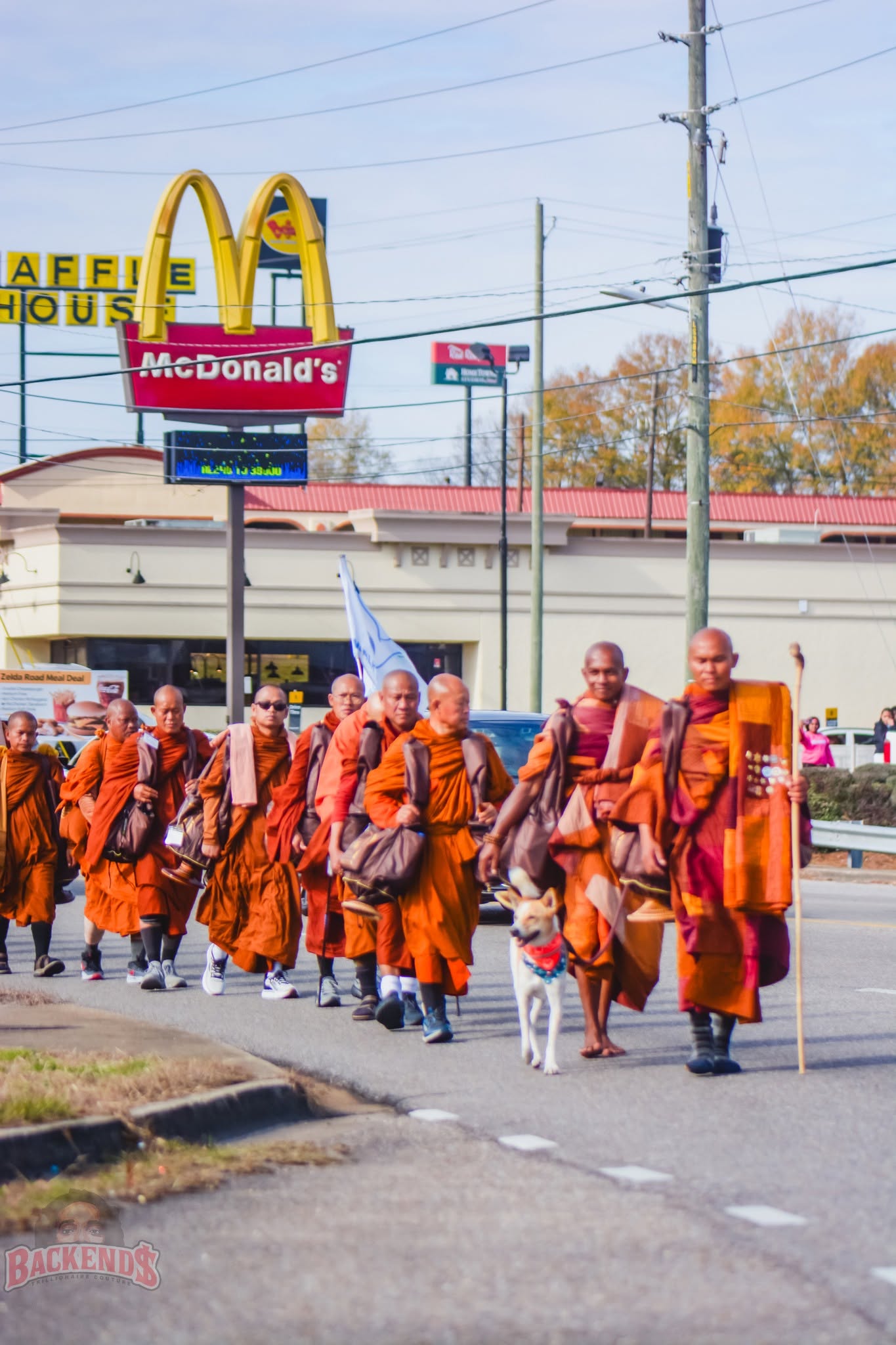 Walk for Peace monks moving through the Birmingham landscape